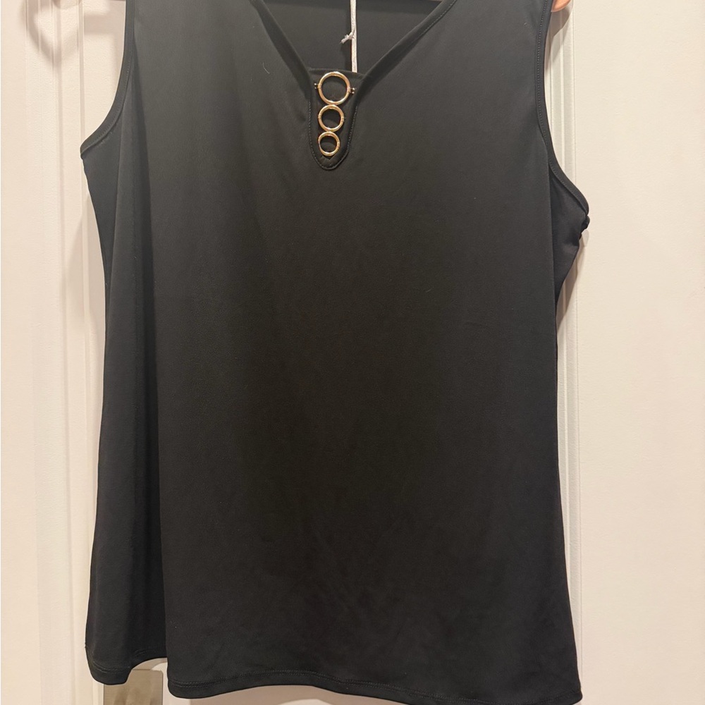 Carolyn Taylor Black Sleeveless V-Neck Tank with Gold Ring Detail